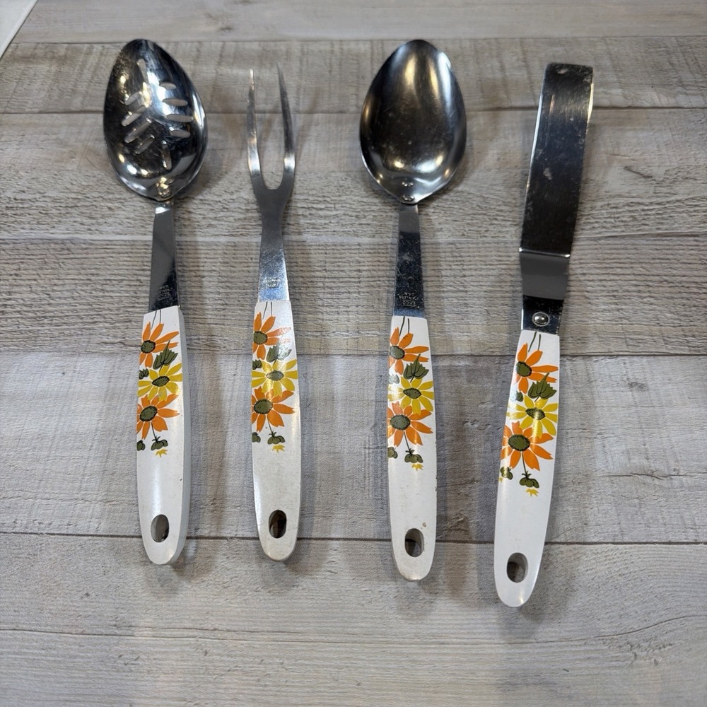 Vintage EKCO Country Garden MCM Floral Kitchen Utensils 4 Pc Set USA Cottagecore